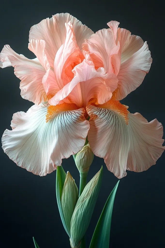A delicate peach-colored iris is the focus of this close-up image. Its petals, numerous and ruffled, exhibit a soft, almost translucent quality.  Subtle veins of a deeper peach and creamy white create intricate patterns within the flower's structure.  The background is a deep, contrasting gray-black, making the iris pop with color and detail.  Undeveloped buds on the stem hint at future blossoms. The overall impression is one of elegance and natural beauty.