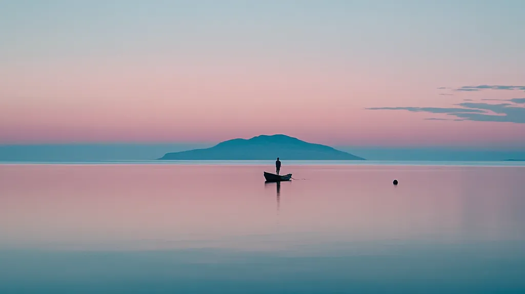 Here's a description of the image:

A solitary figure stands in a small, dark boat on a calm, pastel-colored sea. The water is remarkably still, reflecting the soft pink and blue hues of the twilight sky.  A distant, low-lying island forms a dark silhouette against the horizon. The overall mood is serene and peaceful, conveying a sense of quiet solitude and contemplation. A single dark buoy is visible in the far distance, further emphasizing the vastness of the tranquil scene.