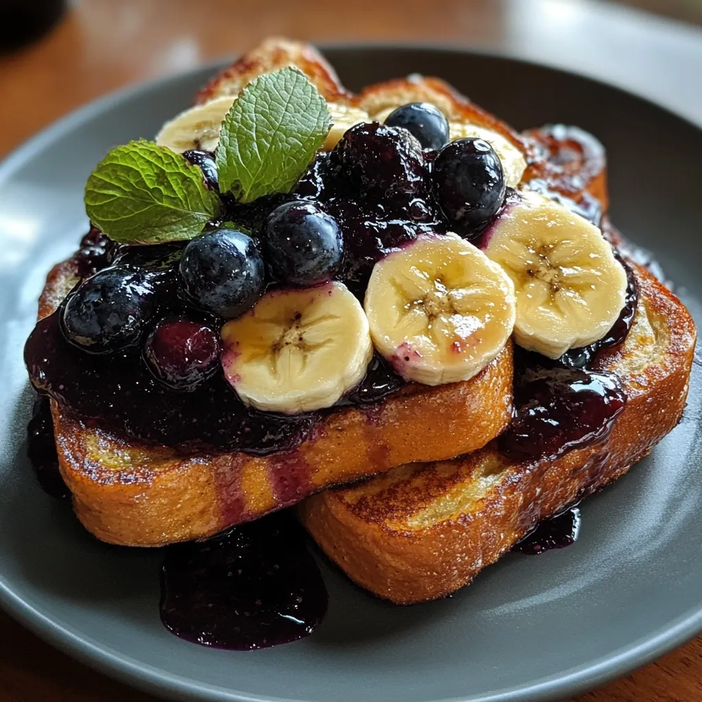 Two slices of golden-brown French toast are artfully stacked on a dark gray plate.  A generous helping of blueberry sauce cascades over the toast, punctuated by fresh blueberries and slices of ripe banana. A sprig of mint adds a touch of freshness to the visually appealing and delicious-looking breakfast treat. The lighting and focus highlight the textures and colors of the food.