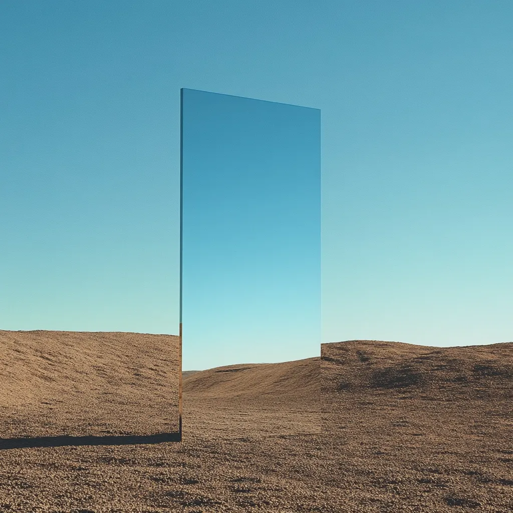A tall, rectangular glass pane stands upright in a desolate, sandy landscape under a clear blue sky.  The glass reflects the sky and a portion of the barren land, creating a surreal juxtaposition of the natural and the man-made. The scene is minimalistic, emphasizing the stark contrast between the smooth glass and the rough texture of the desert floor. The image evokes a sense of isolation and contemplation.