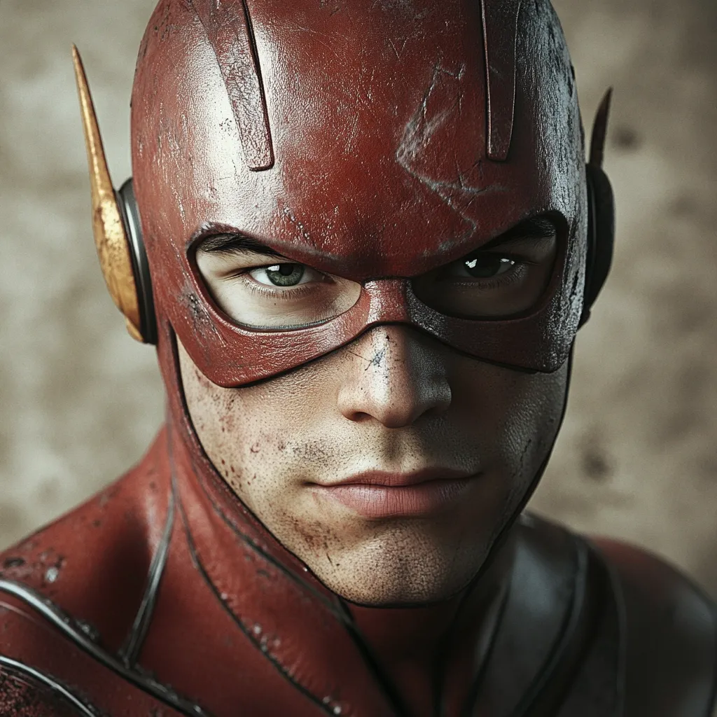 Here's a description of the image:

Close-up view of a man's face, depicted as the Flash, a DC Comics superhero.  He's wearing a weathered, crimson-red helmet and suit, showing signs of wear and battle.  His expression is serious, almost pensive, with a hint of a smirk. His eyes, visible through the mask's eye-holes, are piercing and green.  The texture of the suit and the dirt smudges on his skin add to the gritty, realistic feel of the image.  The background is blurred, a muted neutral tone focusing attention entirely on the superhero's determined countenance.