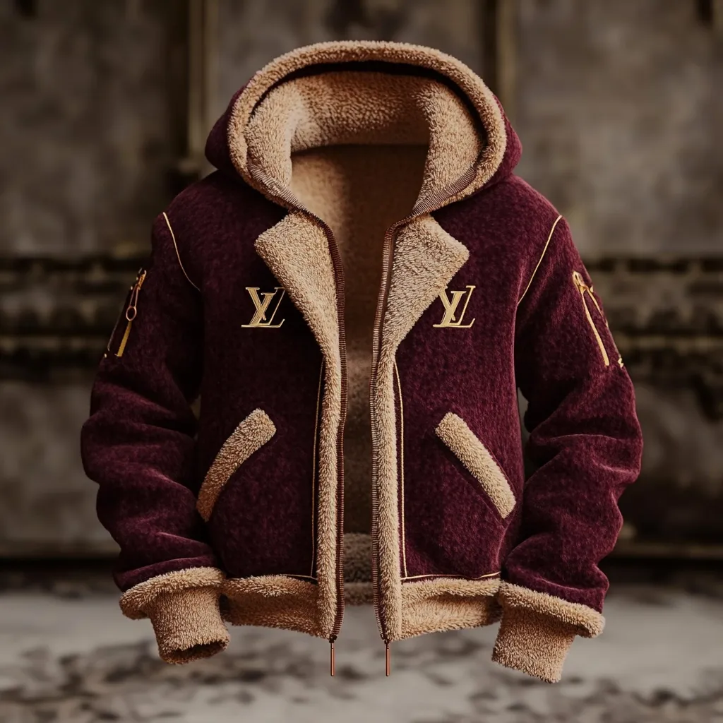 Here is a description of the image:

The image shows a maroon sherpa-lined bomber jacket with a hooded neckline.  The jacket features a zip-up front closure and two visible pockets.  The Louis Vuitton monogram is embroidered in gold on each side of the chest.  The sherpa lining is a light beige color and is visible around the hood, cuffs and hem. The jacket is displayed against a blurred, rustic background.  The overall style is luxurious and casual.