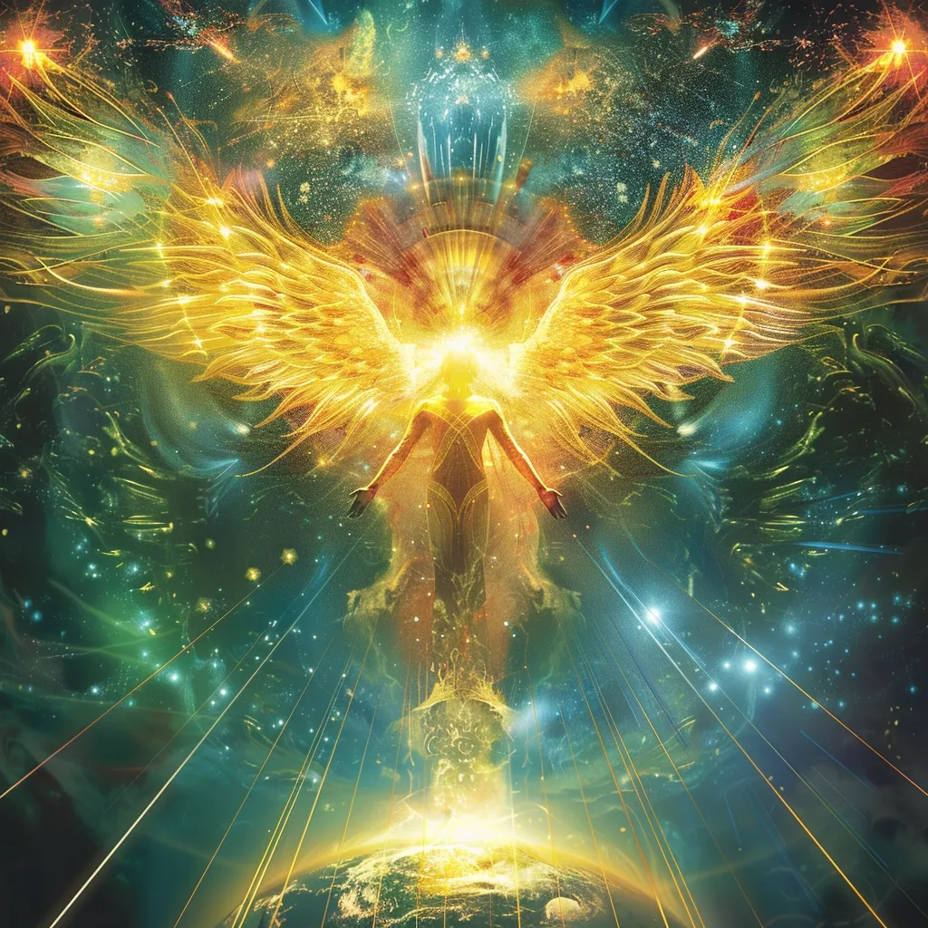 Here's a description of the image:

The image depicts a celestial being, possibly an angel or deity, radiating golden light.  Large, luminous wings extend from its back, blending seamlessly with a vibrant, cosmic backdrop of swirling nebulas and shooting stars. The figure is humanoid, standing tall and emanating a powerful, otherworldly energy.  A radiant glow centers on its head, and its form seems to merge with the bright light of a planet or star below.  The overall effect is one of divine power and cosmic energy. The colors are rich and saturated, with golds, greens, and blues dominating.