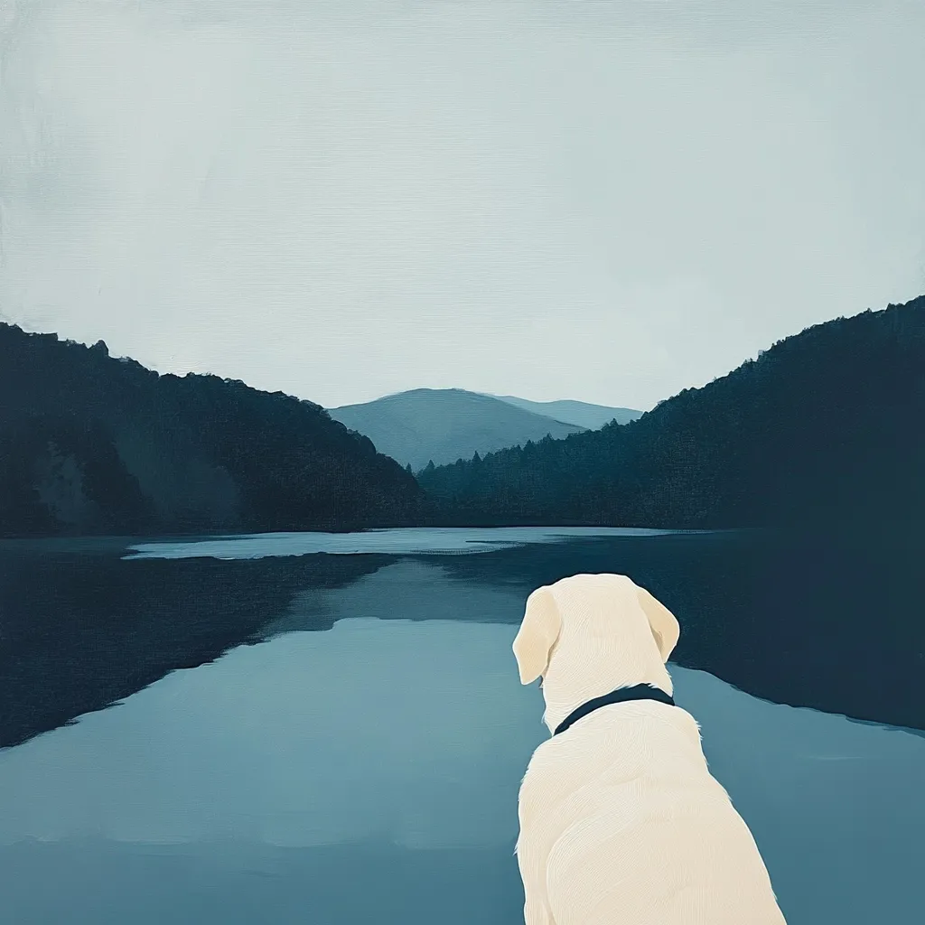 Here's a description of the image:

The painting depicts a serene landscape viewed from a dog's perspective. A cream-colored Labrador Retriever, seen from behind, sits facing a calm, dark-blue lake reflecting a tranquil sky.  Dark-green, softly rendered hills rise in the background, creating a peaceful and minimalist scene. The overall color palette is muted, emphasizing the calm and quiet atmosphere.  The style is painterly, with visible brushstrokes, giving the image a soft, slightly impressionistic feel.