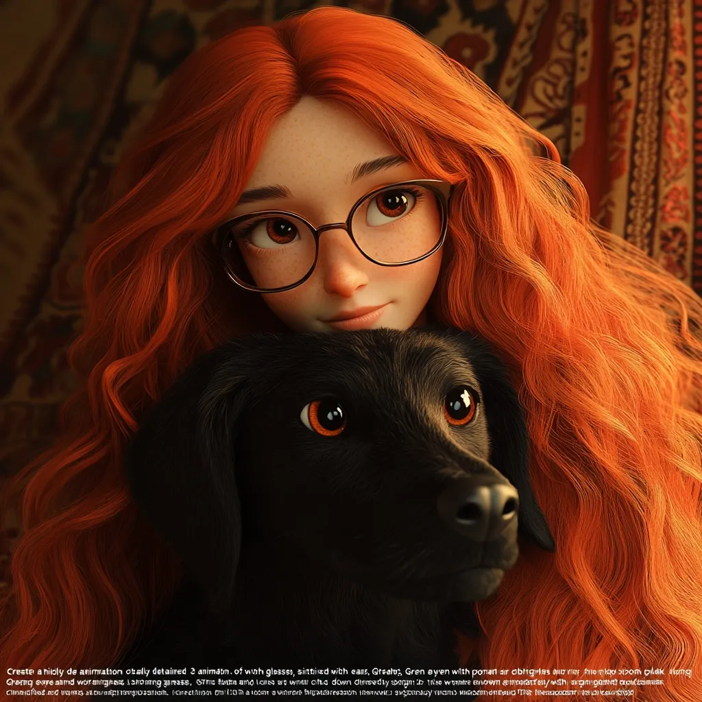 A close-up, digitally rendered image depicts a young woman with vibrant, long, curly orange hair and round glasses.  She has large, expressive brown eyes.  The woman is gently embracing a black dog with equally striking orange eyes. The lighting is warm and soft, highlighting the textures of both the woman's hair and the dog's fur. The background is blurred, suggesting a cozy, indoor setting. The overall style is reminiscent of animation or digital illustration.