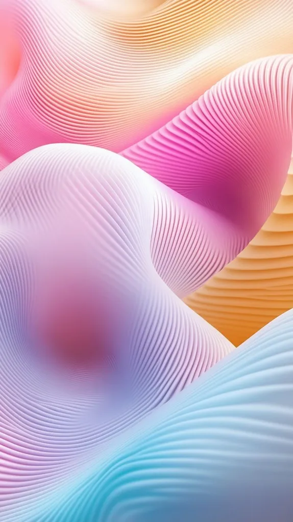 The image showcases an abstract, flowing design composed of pastel-colored, ribbed surfaces.  The colors transition smoothly from pale orange to pink, purple, and finally a soft blue.  The texture appears soft and almost fabric-like, with the ribbed lines creating a sense of depth and movement within the undulating forms.  The overall effect is one of serene fluidity and pastel harmony.