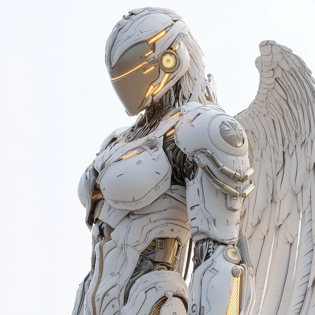 The image shows a close-up of a futuristic female android or cyborg.  She's clad in sleek, white armor with gold accents, intricately detailed and suggesting advanced technology.  Her helmet is closed, and she possesses large, feathered white wings, giving her a celestial or angelic appearance.  The lighting is soft and highlights the metallic surfaces, creating a striking contrast against a plain white background.  The overall aesthetic blends science fiction and fantasy elements.