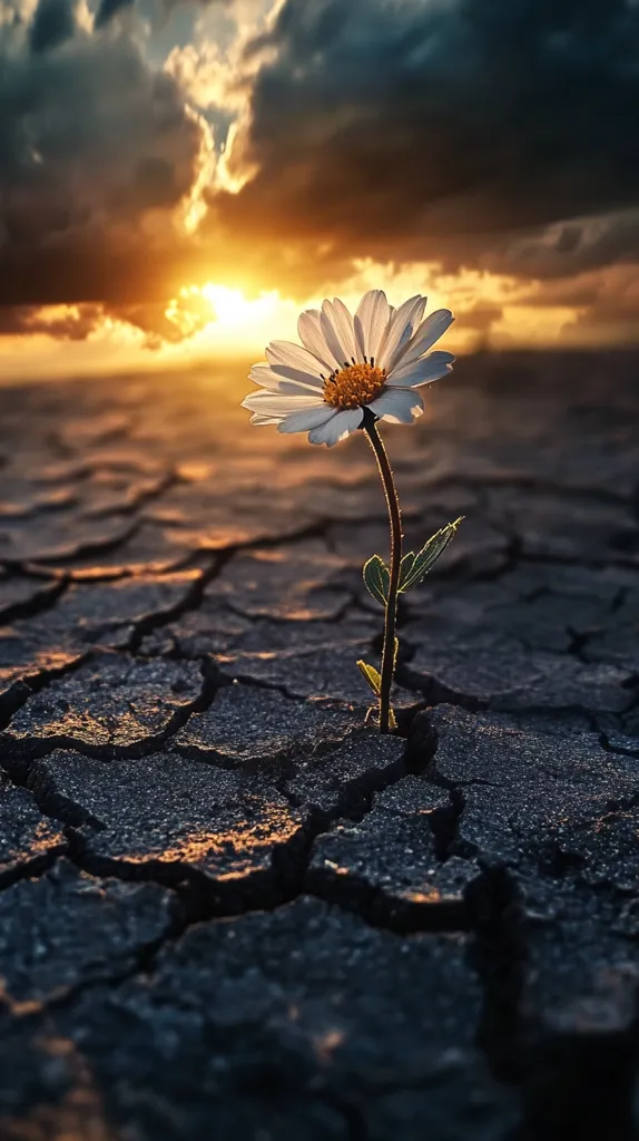 A single daisy bravely pushes through cracked, dry earth at sunset.  The warm, golden light of the setting sun illuminates the flower, creating a striking contrast against the dark, arid ground.  Dark, dramatic clouds fill the sky above.  The image evokes themes of resilience, hope, and the beauty found even in harsh conditions.