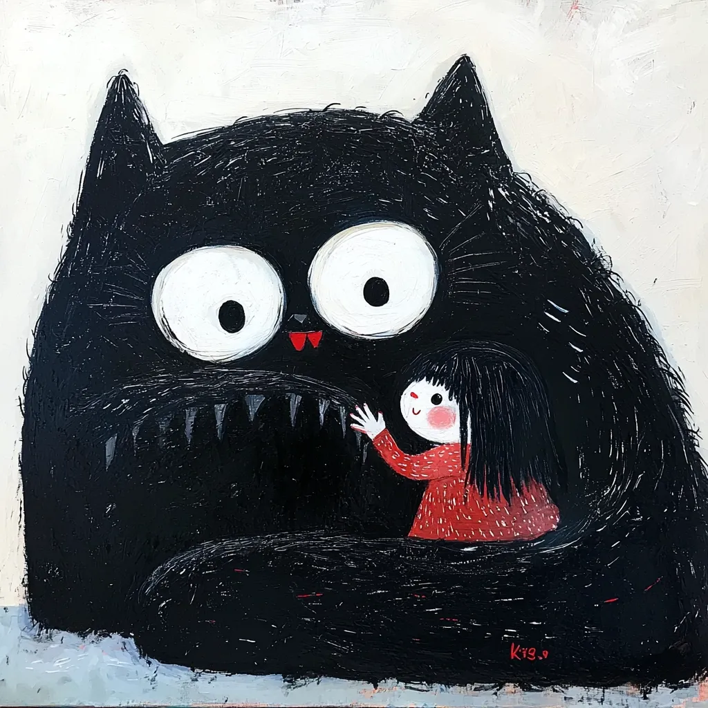 A whimsical painting depicts a giant, fluffy black cat with oversized eyes and prominent teeth.  A small girl in a red dress gently touches the cat's mouth, her expression one of innocent curiosity. The cat appears gentle despite its size and sharp teeth, creating a charming contrast. The painting style is childlike, with visible brushstrokes and a slightly textured background. The overall mood is playful and heartwarming.