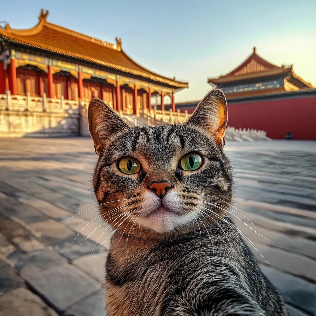 Here's a description of the image:

Close-up view of a tabby cat, seemingly taking a selfie, with the Forbidden City in Beijing, China, forming a blurred background. The cat's gaze is directly at the camera, its green eyes prominent.  The cat's fur is predominantly gray and brown, and its expression is serious yet engaging. The Forbidden City's red walls and golden roofs are visible, creating a striking contrast with the cat's coloring. The overall impression is one of a curious and perhaps slightly mischievous feline exploring a majestic historical location.