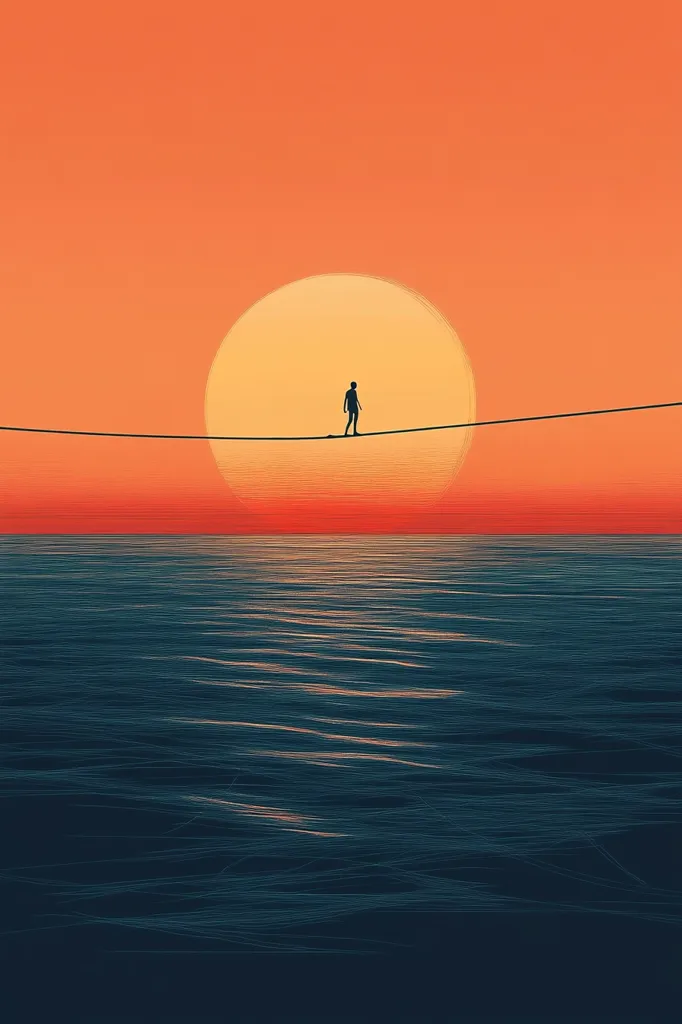 Here's a description of the image:

The illustration depicts a minimalist scene of a lone figure silhouetted against a large, orange sun setting over a calm, dark-blue ocean. The person is balanced precariously on a taut wire stretched across the image, creating a sense of precariousness and contemplation. The color palette is simple, using warm oranges and reds in the sky and cool blues and blacks in the water, emphasizing the contrast and the figure's isolation. The overall mood is serene yet slightly unsettling, suggesting a journey, a challenge, or a moment of reflection.