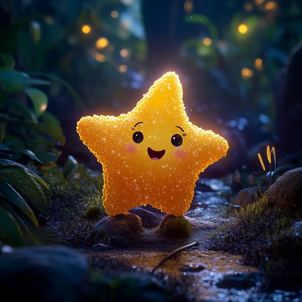 A cheerful, golden starfish stands in a dark, lush forest.  Its bubbly texture glows softly, and its large, happy eyes and smile radiate warmth.  Surrounding it are small plants and rocks, with a stream gently flowing nearby.  Fireflies twinkle in the blurred background, adding to the magical, nighttime atmosphere. The overall mood is whimsical and serene.