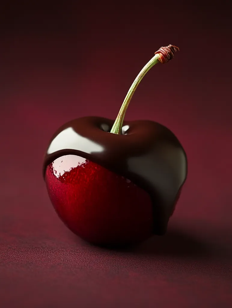 Here is a description of the image:

Close-up view of a single, ripe red cherry generously coated in dark, glossy chocolate.  The chocolate drips down the sides of the cherry, highlighting its smooth texture and rich color. The stem is visible, adding to the natural beauty of the fruit. The cherry rests on a deep maroon surface, creating a visually striking contrast between the dark chocolate, the bright red cherry, and the rich background. The overall impression is one of decadent luxury and simple elegance.