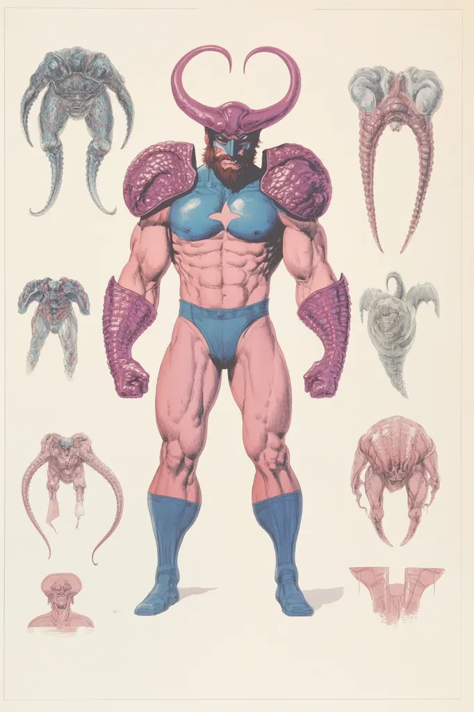 The image is a detailed character design, possibly for a comic book or video game.  A muscular, powerfully built male figure dominates the center, wearing a blue and purple costume with a star emblem. His helmet features large, curving horns. Surrounding the central figure are several smaller drawings depicting variations of what appears to be bio-mechanical or alien creatures, possibly suggesting his origin or powers.  The style is reminiscent of classic comic book art with a focus on anatomy and detailed rendering.  The overall color scheme is muted pastels.