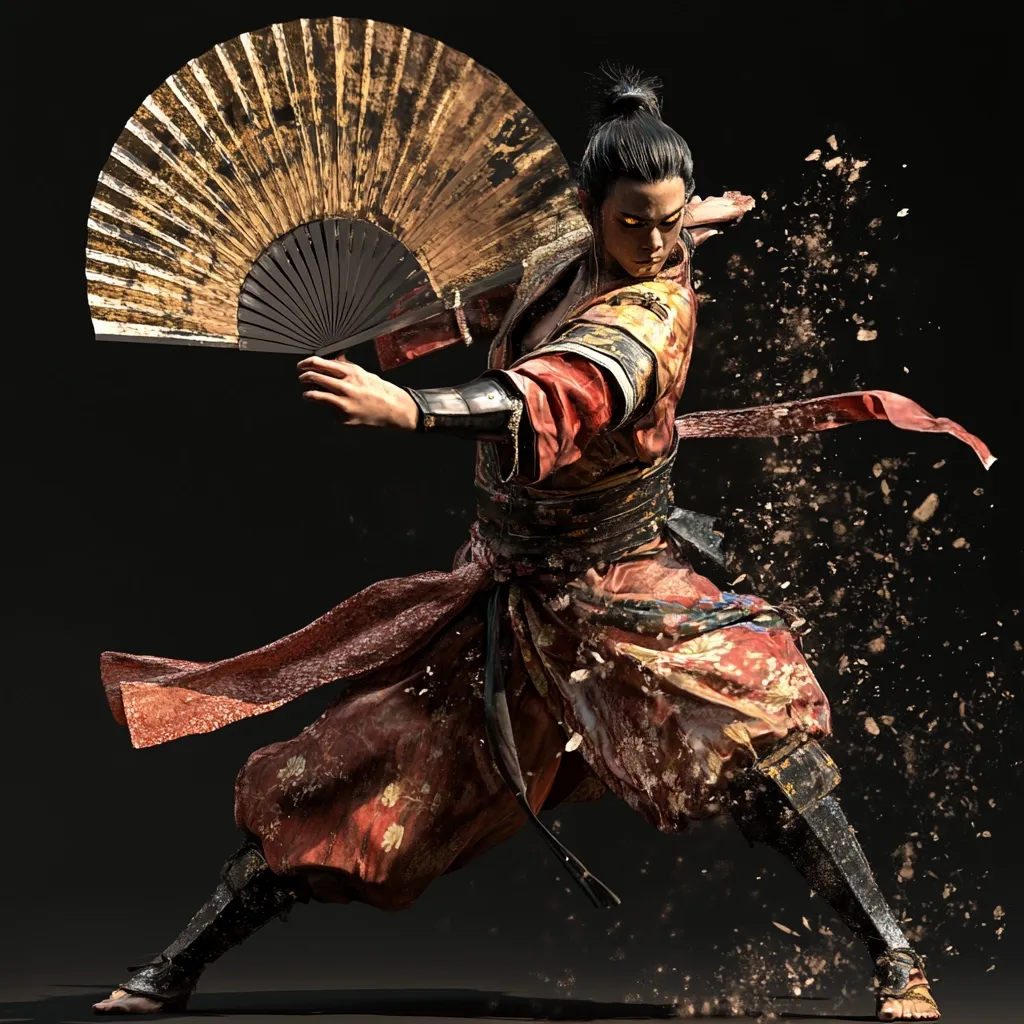 A dynamic digital rendering depicts a warrior, possibly a samurai, in motion.  He's clad in a richly colored, ornate, and dust-covered red and gold kimono, accented with dark armor.  His dark hair is pulled back in a topknot. He wields a large, antique-looking hand fan as a weapon, dust swirling around him as he attacks. The dark background emphasizes the figure and his dynamic pose.  The overall style suggests a blend of fantasy and historical Asian aesthetics.
