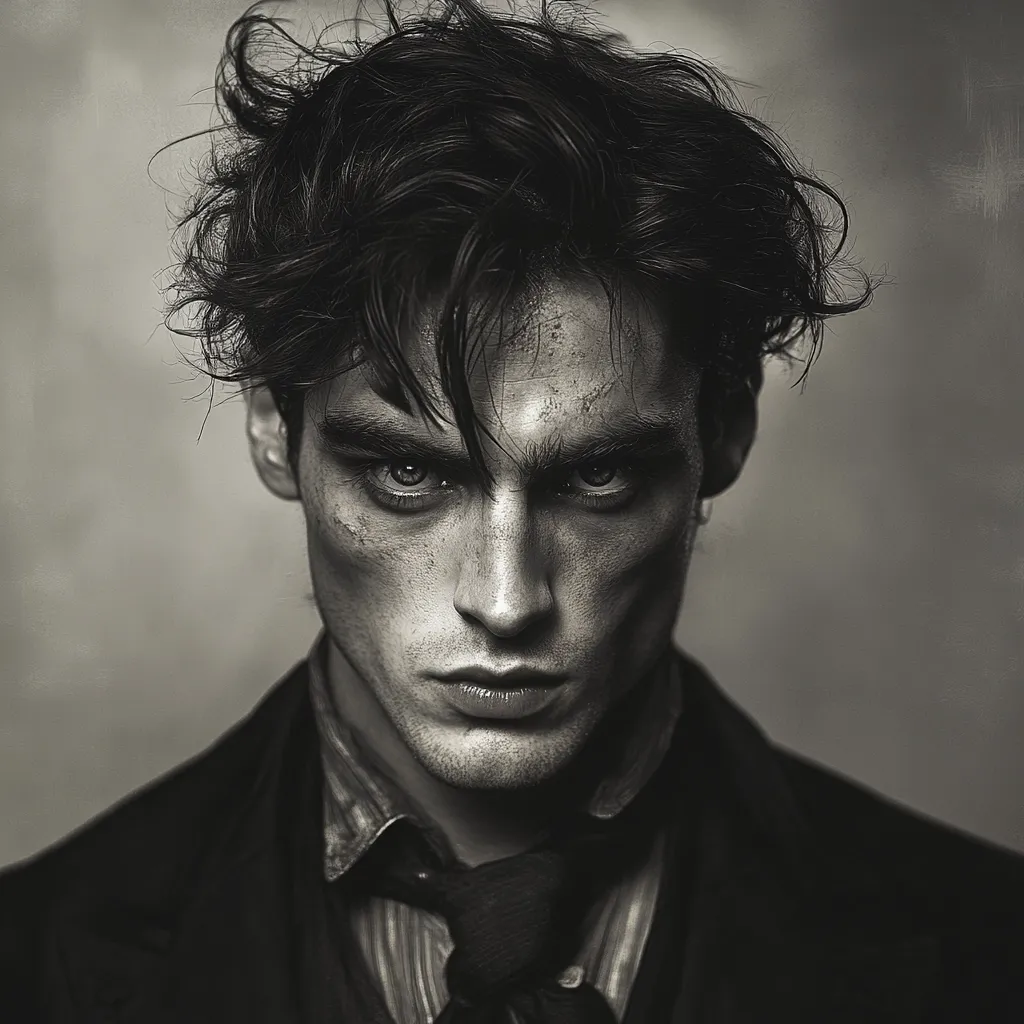 Here's a description of the image:

The black and white portrait showcases a young man with intensely dark, tousled hair. His expression is serious, almost brooding, with a direct gaze that holds the viewer's attention.  He appears to be wearing a dark suit and a striped shirt visible at the collar, giving him a somewhat formal yet edgy appearance.  His face is striking, showing strong features and hints of facial scarring or texture that adds to his intensity. The overall mood is dramatic and mysterious.