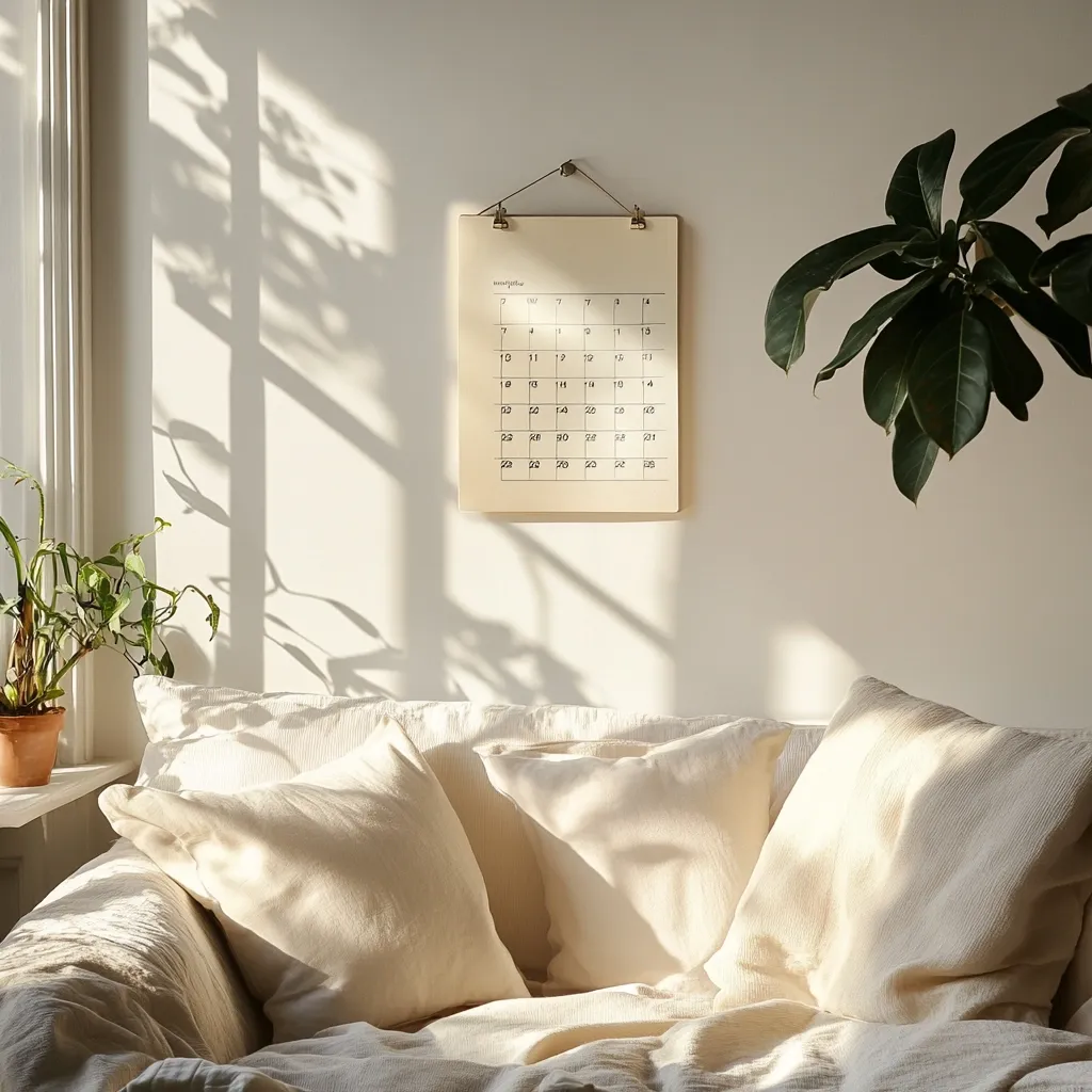 Sunlight streams through a window, casting shadows on a beige linen couch adorned with plush cushions.  A minimalist cream-colored calendar hangs on the wall, its simple design reflecting the overall aesthetic.  Small potted plants add touches of green to the serene, sun-drenched scene. The overall feel is calm and inviting, emphasizing a clean and uncluttered space.