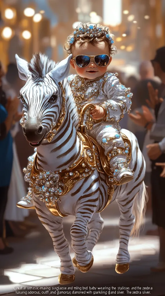 Here's a description of the image:

A digitally painted image depicts a baby, adorned in a sparkling, jeweled, white outfit and sunglasses, riding a similarly embellished zebra. The zebra's harness and hooves are gilded and encrusted with gems.  The baby wears a jeweled crown. The scene is set in a blurred, opulent background suggestive of a parade or formal event. The overall style is whimsical and luxurious.