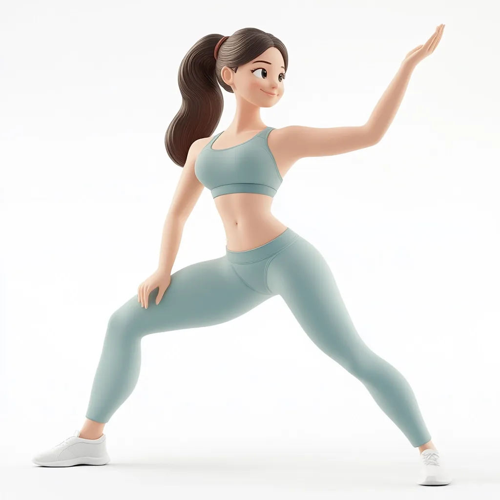 A stylized 3D rendering of a young woman in teal athletic wear.  She's positioned in a dynamic, low lunge, her right arm extended outward, hand open as if presenting something.  Her dark brown hair is pulled back in a ponytail.  She has a cartoonish, friendly expression and her body is realistically proportioned but with a smooth, almost clay-like texture.  The background is plain white.