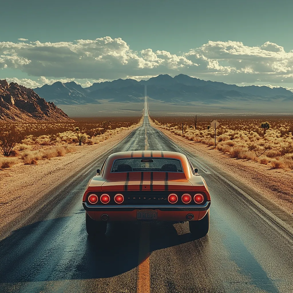 Here's a description of the image:

An orange classic muscle car, possibly a Chevrolet Camaro, drives down a long, straight desert highway.  The road stretches towards a distant mountain range under a partly cloudy sky. The desert landscape is dry and sparsely vegetated. The car's rear is prominently featured, highlighting its taillights and stripes. The overall mood is one of freedom, adventure, and classic Americana, evocative of a classic road trip scene.  The perspective is from behind the car, emphasizing the journey ahead.