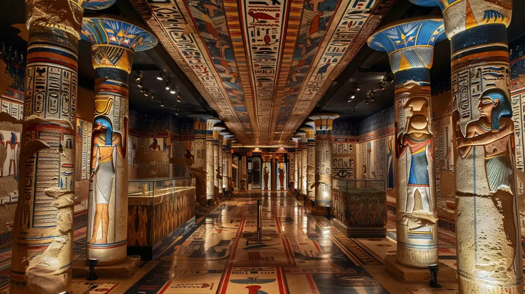 The image shows a meticulously recreated ancient Egyptian tomb or temple interior.  Ornate columns, richly detailed with hieroglyphs and painted figures, line a long corridor.  The ceiling is similarly adorned with vibrant murals depicting scenes from Egyptian mythology.  The floor is a mosaic of hieroglyphs and imagery, reflecting the ambient lighting.  The overall effect is one of grandeur and authenticity, suggesting a museum exhibit or themed environment.