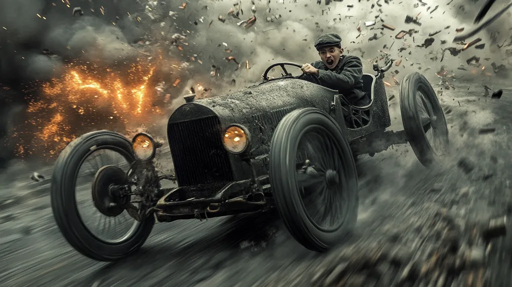 Here's a description of the image:

The image depicts a young man intensely driving a vintage, dark-colored race car amidst a chaotic, explosive backdrop.  Debris and smoke fill the air, suggesting a war-torn or intensely destructive environment. The car is speeding, motion blur emphasizing its velocity. The driver's expression is one of focused determination. The overall mood is dramatic and intense, hinting at a perilous escape or a race against time within a turbulent setting.  The contrast between the antique vehicle and the modern explosive effects is striking.