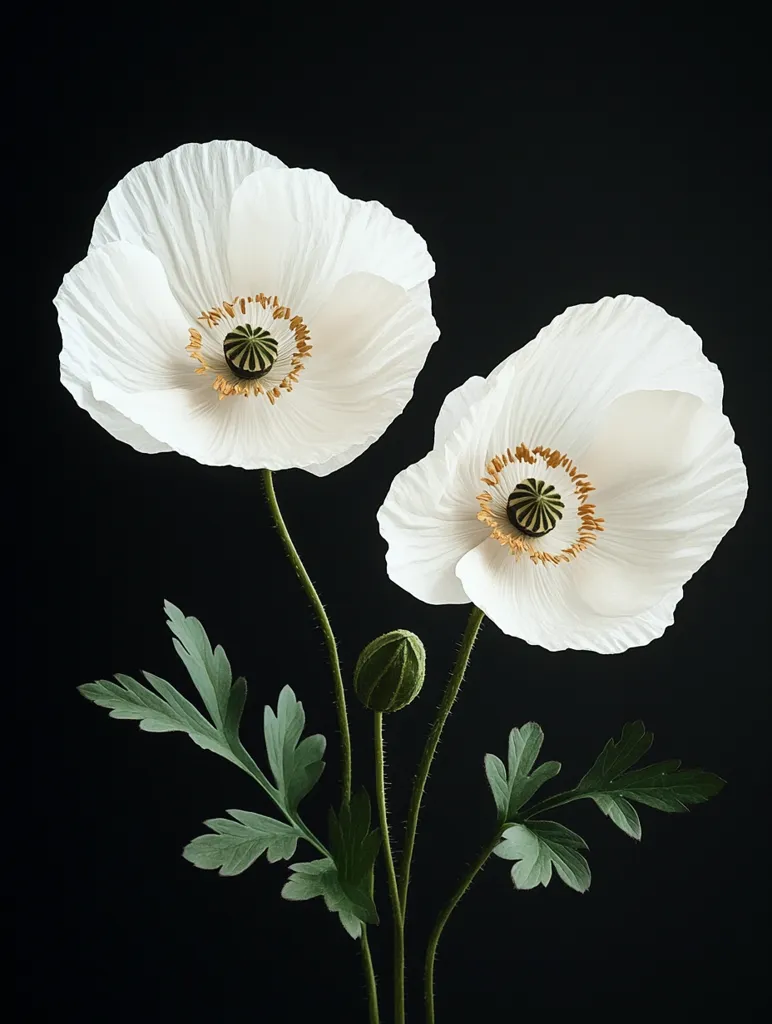 Here's a description of the image:

Two pristine white poppies, delicate and perfectly formed, are the focal point against a stark black background. Their papery petals are subtly textured, showcasing a soft, almost ethereal quality.  The flowers' golden centers are intricately detailed, contrasting beautifully with the white.  Green foliage, with its characteristic poppy leaves, springs from slender stems beneath the blooms, adding a touch of natural elegance to the composition.  The overall effect is one of simple, striking beauty.