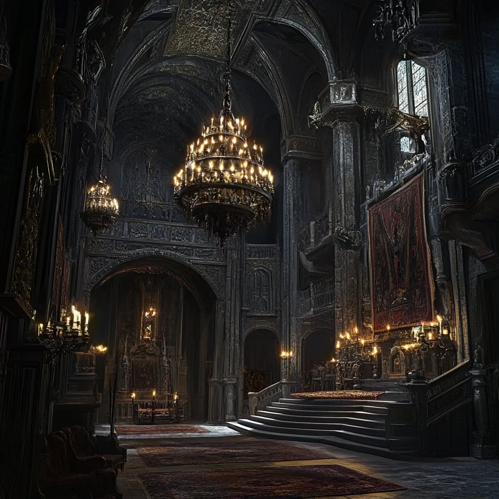 The image depicts a dimly lit, gothic-style interior, possibly a grand hall or chapel.  Dark stone walls, arched ceilings, and intricate carvings create a somber atmosphere.  Large, ornate chandeliers and numerous candle stands cast a warm glow against the predominantly dark palette.  A grand staircase leads to a raised platform, possibly a throne, adorned with a tapestry.  The overall mood is one of gothic grandeur and mystery.