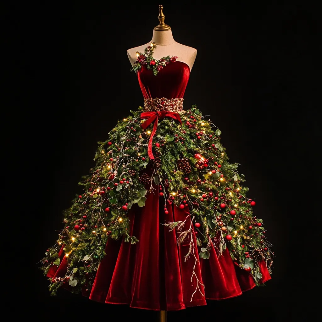 Here's a description of the image:

A stunning red velvet gown, displayed on a mannequin against a black backdrop, is creatively adorned as a Christmas tree.  The skirt is completely covered in lush greenery, interspersed with red berries, pine cones, and warm-toned fairy lights. A gold belt and matching embellishments at the bodice add a touch of elegance.  The overall effect is a festive and luxurious fusion of fashion and holiday décor.