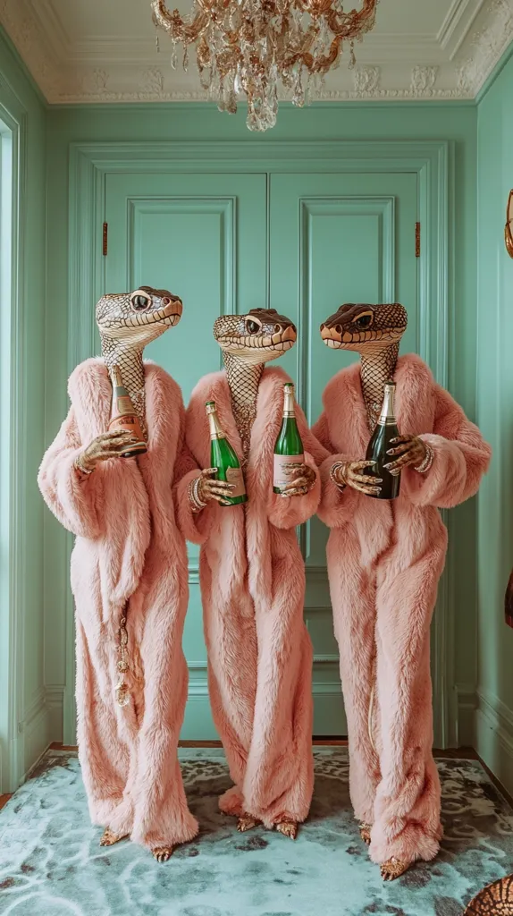 Three snakes, their heads anthropomorphized, are dressed in matching pink fur jumpsuits. They stand in a row in a hallway with mint green walls and doors.  Each snake holds a bottle of champagne, creating a humorous and surreal scene.  An ornate chandelier hangs above them, adding to the opulent setting.  The image is stylized and possibly part of an art project or fashion shoot.