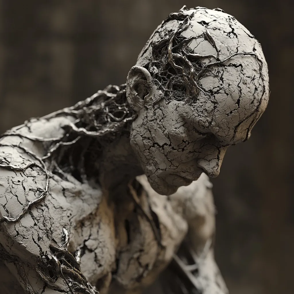The image shows a close-up of a sculpture depicting a human figure with a cracked, earth-like texture.  Dark, vine-like structures appear embedded within the figure's skin, especially prominent on its head and shoulders. The figure is hunched over, its head bowed, conveying a sense of sorrow, fragility, and decay. The monochromatic color palette and rough texture enhance the somber and somewhat unsettling mood.  The overall effect is one of vulnerability and possibly the themes of mortality or transformation.