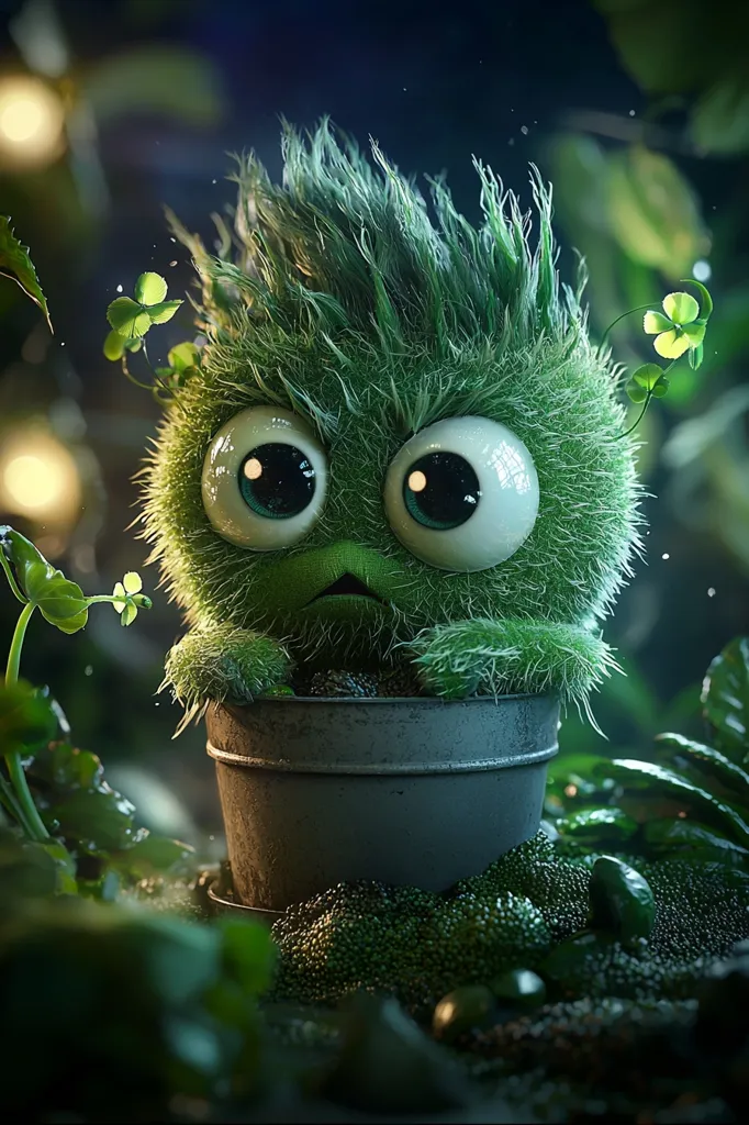 A 3D-rendered image depicts a whimsical, furry green creature resembling a plant with large, expressive eyes.  Its spiky green hair and worried expression create a cute and slightly melancholic mood.  The creature sits in a small, dark grey pot nestled amongst lush greenery, including clover-like leaves, adding to the fantastical, magical ambiance.  The background is dark and blurry, focusing attention on the charming, mossy character.  The overall lighting is soft and moody.