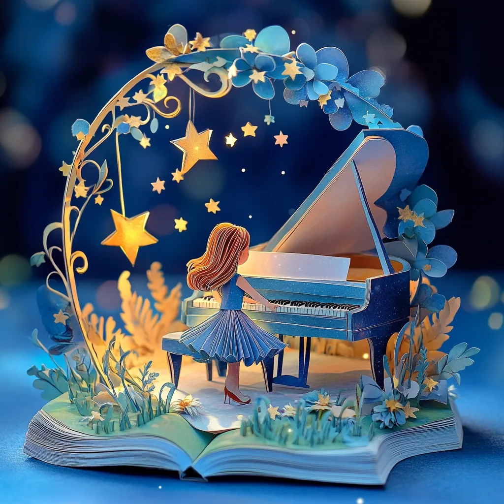 A whimsical papercraft scene unfolds from an open book.  A young girl with auburn hair plays a delicate blue grand piano nestled in a moonlit garden.  Intricate paper flowers and stars adorn an archway above her, creating a magical, nighttime atmosphere. The artistry of the papercutting is evident in the detailed floral elements and the texture of the piano.  The overall impression is one of serene beauty and quiet enchantment.