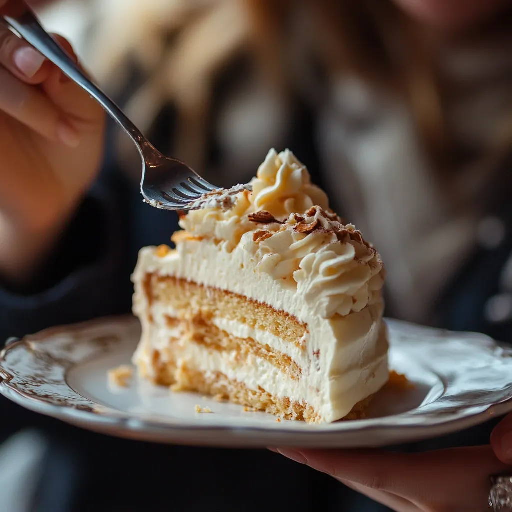 A person uses a fork to cut into a slice of layered cake.  The cake has multiple light-colored layers, topped with a generous amount of fluffy white frosting and sprinkled with what appears to be nuts or crumbs.  The cake sits on an ornate, white plate held in the person's hands. The background is blurred, focusing attention on the delicious-looking dessert.