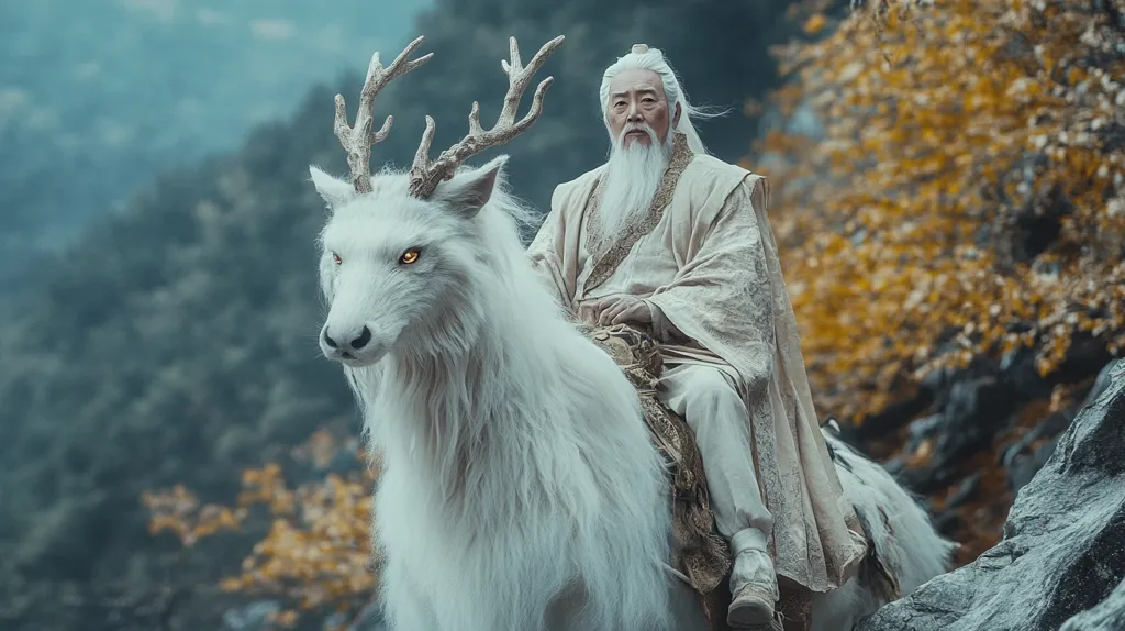 An elderly man with a long white beard and robe sits atop a majestic, white, deer-like creature with large antlers.  The creature's fur is long and flowing, and its eyes glow with an ethereal light.  They are positioned on a rocky path, with a blurred background of muted autumnal colors and misty mountains, creating a mystical and serene atmosphere. The overall image suggests a scene from a fantasy film or artwork.