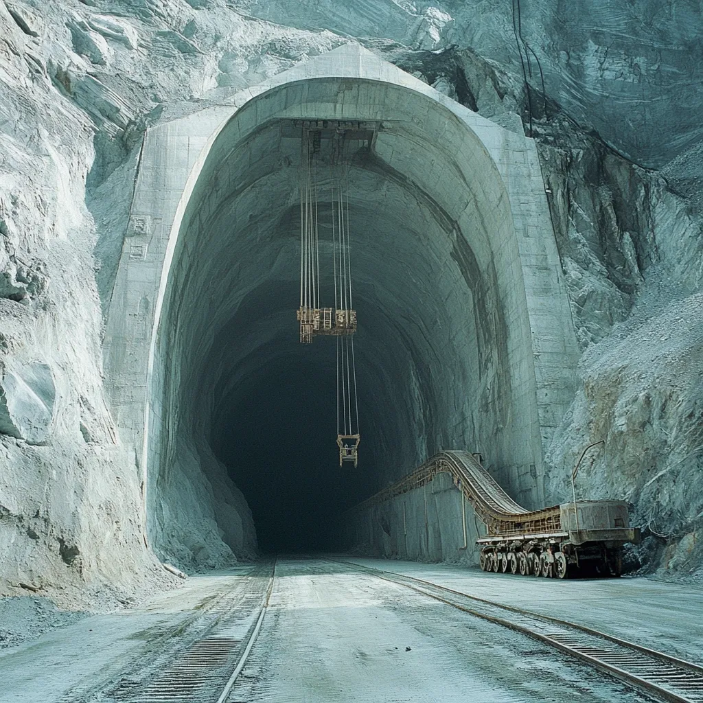 The image shows the mouth of a large tunnel bored through a mountain.  A concrete archway frames the opening, which extends far into the darkness.  Two large cranes hang from the arch, and a rail track leads into the tunnel.  A rail car with a conveyor belt system sits outside the tunnel, suggesting material transportation.  The surrounding rock face is rough and uneven, showing evidence of extensive excavation. The overall impression is one of massive scale and engineering prowess.