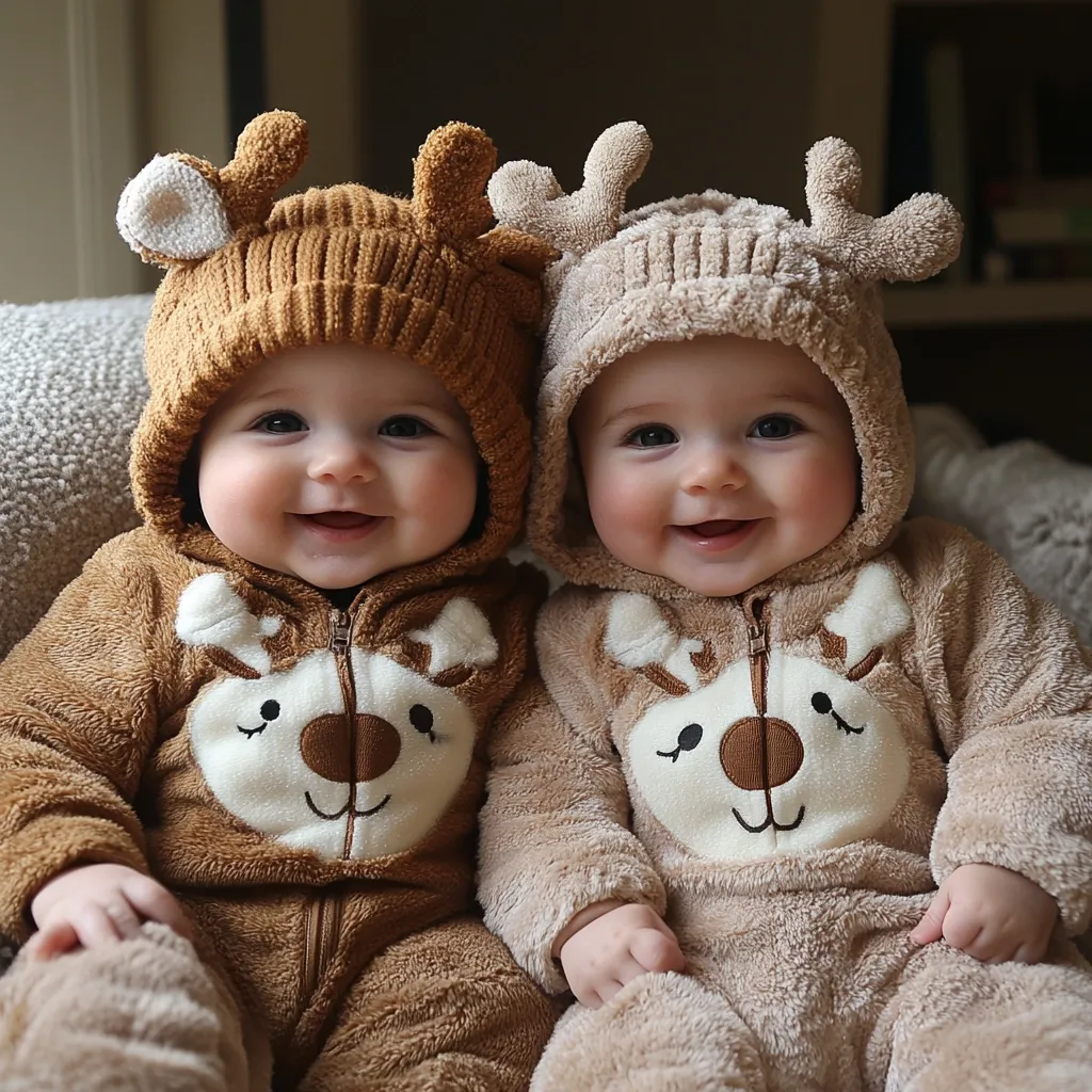 Here's a description of the image:

Two adorable twin babies, dressed in matching brown reindeer-themed onesies and knitted hats with antlers, sit side-by-side.  Their chubby cheeks and happy smiles are prominent. The soft, plush fabric of their outfits adds to their cuddly appearance. They are nestled in a light beige fabric, creating a warm and inviting scene.  The overall impression is one of sweetness and innocence.