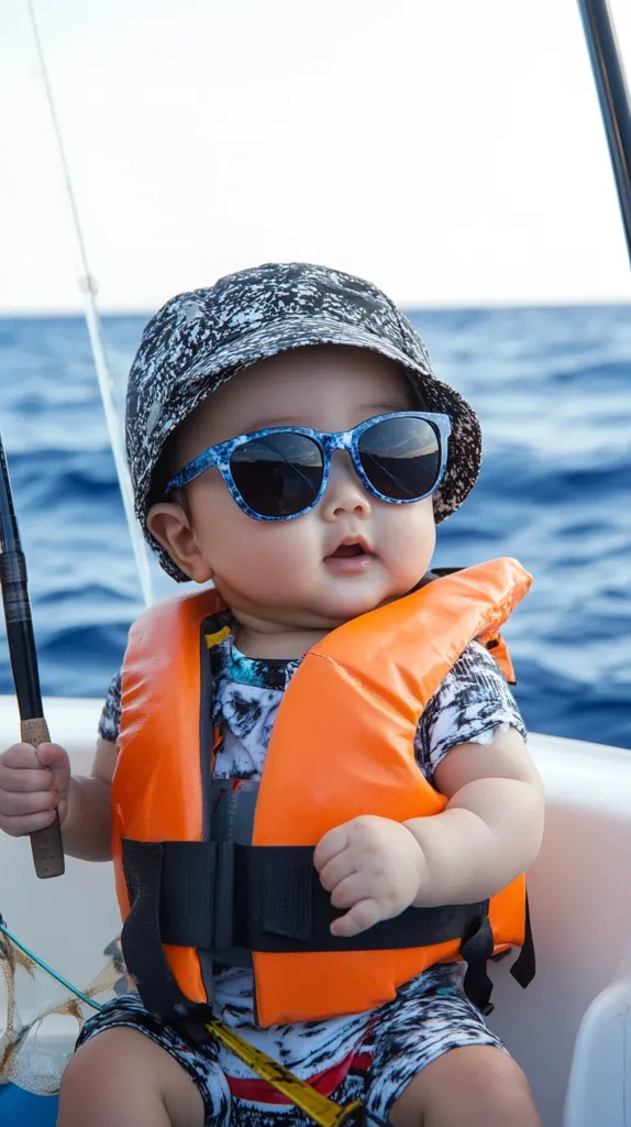 Here's a description of the image:

An adorable baby, wearing a stylish black-and-white patterned hat and blue-framed sunglasses, sits in a boat.  The baby is securely fastened into an orange life vest and holds a fishing rod. The backdrop is a vibrant blue ocean, suggesting a fun day out on the water.  The baby's expression is serious, yet cute, adding to the charming and memorable scene. The overall impression is one of carefree summer fun and a child's first fishing adventure.