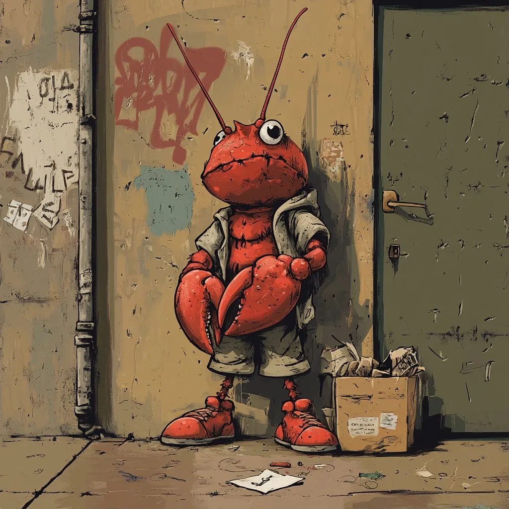 A whimsical illustration depicts an anthropomorphic lobster standing against a graffiti-covered urban wall.  The lobster, clad in casual clothing (beige jacket and shorts), holds its claws together.  Its large, expressive eyes convey a pensive mood.  A cardboard box filled with discarded items sits at its feet, adding to the gritty, street-level setting. The scene is rendered in a style blending realism and cartoonish elements, highlighting the contrast between the creature and its environment. A piece of paper lies on the ground, possibly a discarded note or drawing.