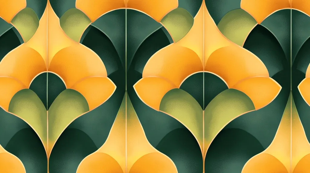 The image shows a repeating geometric pattern.  It features stylized, overlapping shapes resembling stylized flowers or leaves.  The dominant colors are a warm, golden yellow and a deep teal green, with accents of a muted olive green. The design is symmetrical and creates a sense of depth through variations in shading and the layering of the forms. The overall effect is both elegant and visually striking, suggesting a design suitable for textiles, wallpaper, or other decorative applications.
