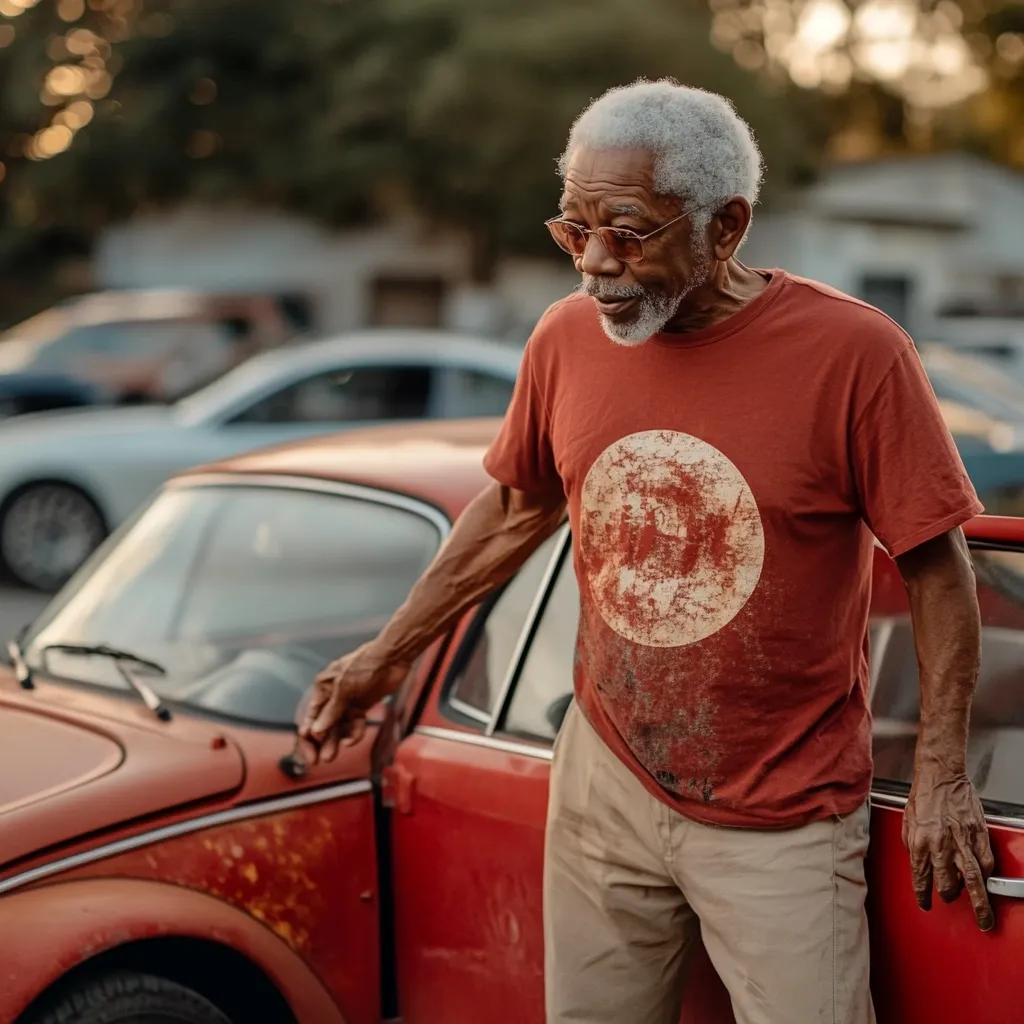 Here's a description of the image:

The photograph shows an older man with silver hair and a beard, wearing glasses and a rust-colored t-shirt with a faded off-white circle graphic, and light beige pants. He's standing beside a rusty, red vintage Volkswagen Beetle, his hand resting on the car door. The setting appears to be an outdoor parking lot or street, with other cars visible in the blurred background. The overall ambiance suggests a warm, possibly late afternoon, setting. The man's expression is one of quiet contemplation or perhaps gentle amusement. The image's focus is on the man and his interaction with the car, creating a sense of nostalgia and character.