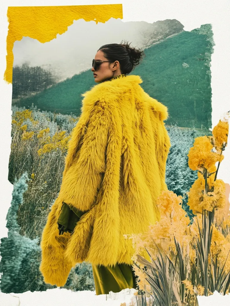 The image is a stylized fashion photograph. A woman with dark hair, wearing sunglasses and a vibrant yellow oversized faux fur coat, stands against a backdrop of a misty green hillside and muted yellow flora. The background appears to be a collage, with textured, torn edges adding to the artistic composition.  The overall mood is one of understated glamour and autumnal serenity. The color palette is warm and muted, with the yellow coat serving as a striking focal point.