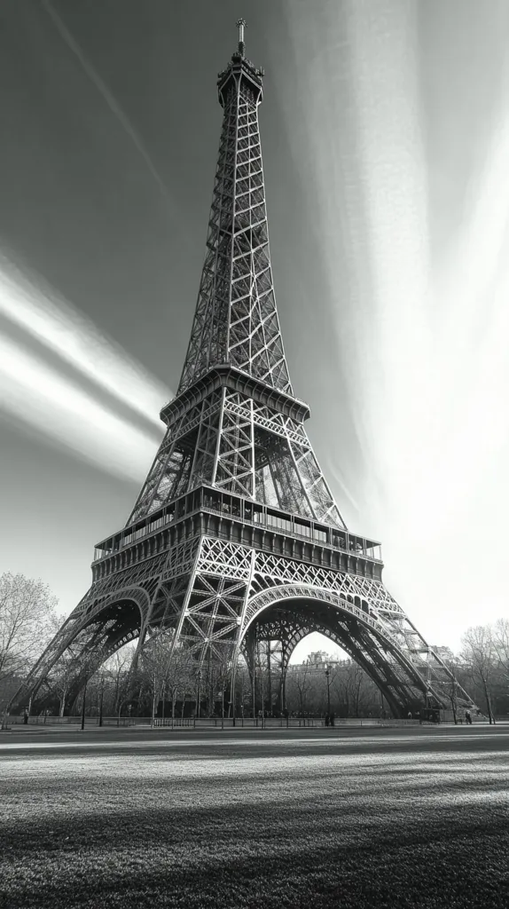 Here is a description of the image:

A striking black and white photograph captures the Eiffel Tower in all its grandeur. The tower's intricate metal latticework is sharply defined against a partly cloudy sky, with streaks of light adding a dramatic effect. The foreground shows a short-cropped grassy field, appearing subtly textured under the light.  A few sparse trees are visible at the base of the tower and in the background, contributing to a sense of scale and peaceful ambiance. The overall effect is one of elegant simplicity and timeless beauty.
