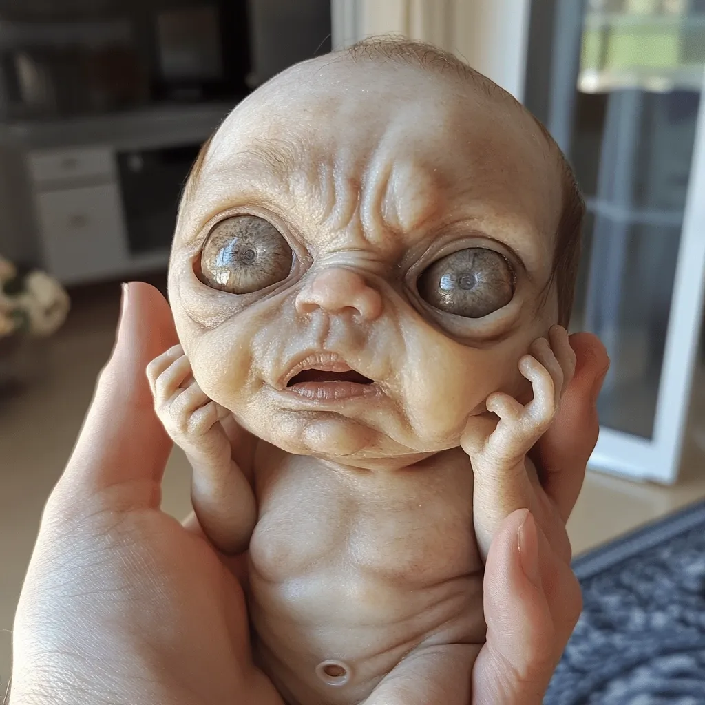 Here is a description of the image:

Close-up view of a realistic-looking baby doll held in a person's hands. The doll's features are exaggerated, with large, prominent eyes and a wrinkled, aged appearance, giving it an unsettling, almost grotesque look. Its skin is pale and textured, and its expression appears to be one of surprise or distress. The doll's body is small and slightly deflated-looking.  The hands holding the doll appear to be pale.  The background is blurry but shows a glimpse of a domestic setting.
