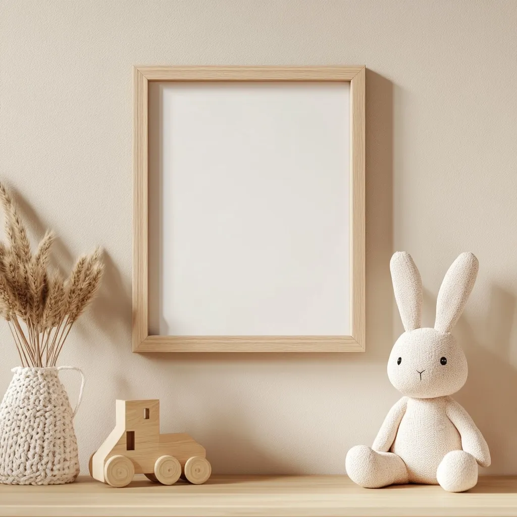 A minimalist nursery scene is depicted.  A light beige wall provides a backdrop for a simple wooden frame with a blank white insert.  Below, a knitted vase holds dried pampas grass, next to a small wooden toy truck and a cream-colored plush bunny rabbit. The overall aesthetic is calm, neutral, and softly lit, suggesting a peaceful and child-friendly environment. The scene is presented on a light wood shelf or mantel.