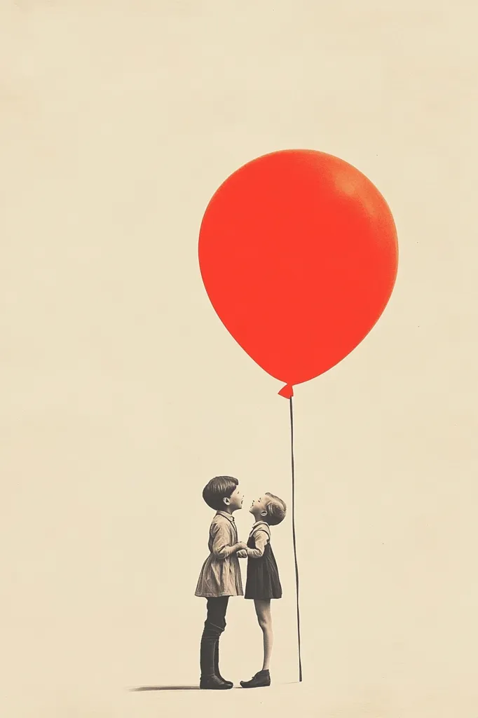 The image shows a monochromatic illustration of two children, a boy and a girl, standing facing each other and looking up at a large, bright red balloon. The children are dressed in vintage-style clothing, holding hands. The balloon is significantly larger than them, dominating the upper half of the image against a pale background. The overall style suggests a nostalgic or sentimental feeling, potentially symbolizing childhood wonder, dreams, or aspirations.