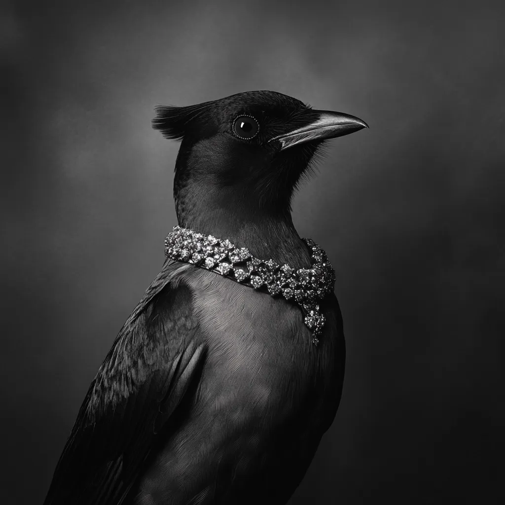 Here is a description of the image:

A black and white close-up shot features a dark bird, possibly a type of crow or jay, adorned with a sparkling diamond necklace. The bird is positioned in profile view, its head turned slightly to the right, creating a regal posture. The background is a muted gray, providing a stark contrast to the bird's dark plumage and the bright necklace. The image has a dramatic, almost surreal quality, suggesting a juxtaposition of nature and luxury. The fine details of the bird's feathers and the intricate design of the necklace are clearly visible.  The overall mood is sophisticated and somewhat mysterious.