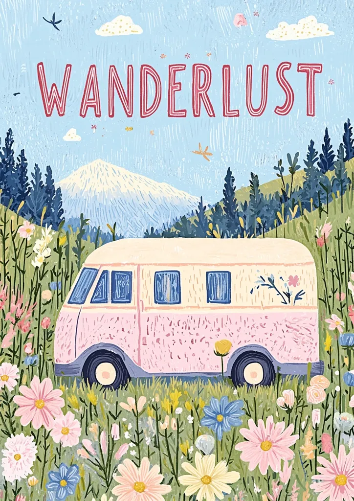 Here's a description of the image:

The illustration is a vibrant depiction of "Wanderlust," the word prominently displayed in a stylized font across the top.  A pastel pink camper van sits nestled in a field of wildflowers, its side adorned with simple floral designs.  Behind it, a snow-capped mountain rises majestically, framed by dark green pine trees. The sky is a light blue with wispy clouds and small flying insects. The overall style is whimsical and charming, evoking a sense of carefree adventure and nature's beauty.