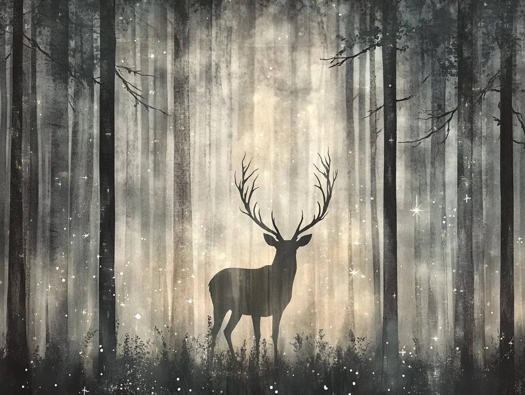 Here's a description of the image:

The artwork depicts a majestic stag silhouetted against a dreamy, ethereal forest.  Tall, slender trees form a dense backdrop, their dark trunks contrasting with a soft, light beige mist that fills the space between them.  Small, sparkling lights are scattered throughout the mist, adding to the magical atmosphere. The stag, with its large antlers, stands in the center, appearing serene and majestic.  The overall style is painterly, with a textured effect and muted tones creating a sense of peace and tranquility. The image evokes feelings of mystery and wonder.