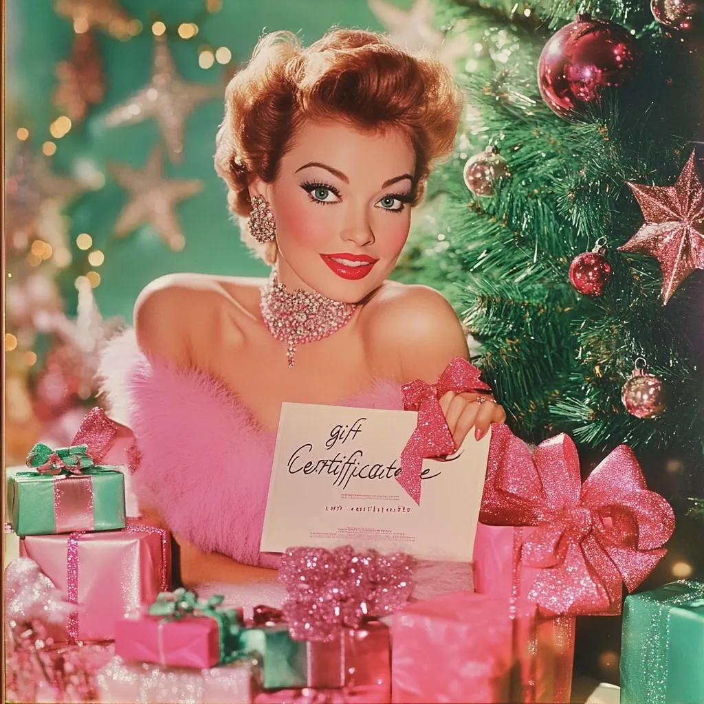 Here's a description of the image:

A glamorous, red-headed woman in a pink fur stole sits before a decorated Christmas tree.  She holds a gift certificate, surrounded by numerous pink and teal gift boxes adorned with sparkly ribbons and bows.  The woman's makeup is dramatic, her hair styled in a victory roll. The setting is festive, with a backdrop of twinkling lights and a lush, green Christmas tree. The overall aesthetic is vintage, suggestive of a mid-20th-century Christmas advertisement.  The image conveys a sense of luxury and holiday cheer.